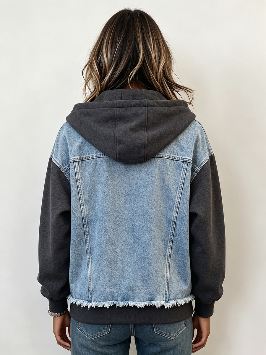 Casual Denim Patchwork Hooded Jacket