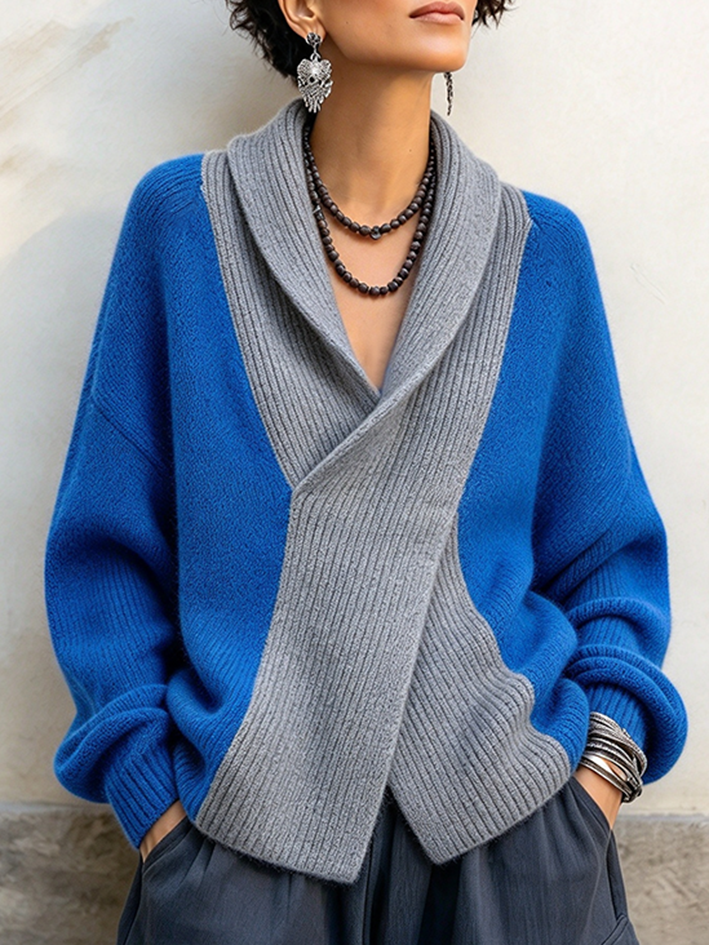 Chic Cozy Blue Colorblock Shawl Collar Sweater
