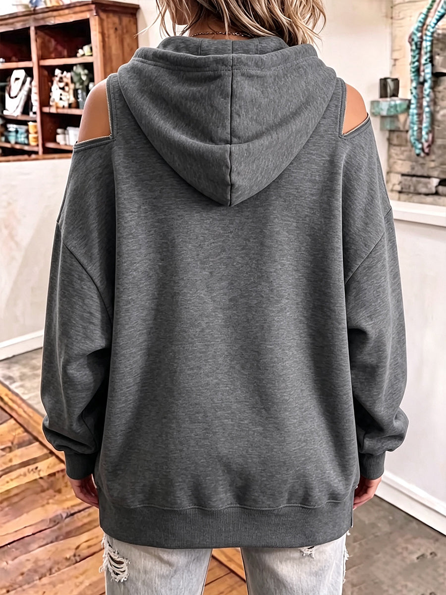 Edgy Zipper Cutout Cold-Shoulder Hoodie