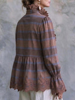 Women's Vintage Striped Blouse With Lace Hem And Ruffle Front