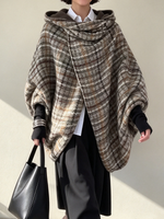 Oversized Asymmetrical Plaid Wool-blend Hooded Cape Coat
