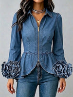 Chic And Exquisite Denim Top Featuring 3d Floral Details On The Cuffs And A Ruffled Hem.