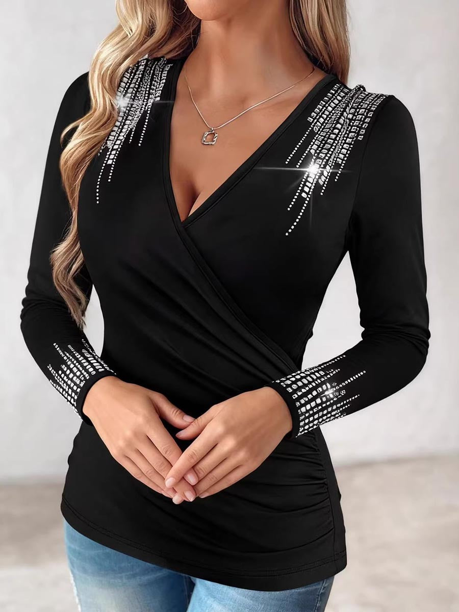 Women's V-Neck Wrap Top with Rhinestone Embellishments