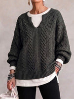 Vintage-style Cable-knit Sweater With A Small Notched V-neck