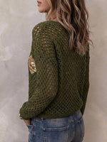 Women's Olive Green Hollow Out Crochet Sweater With Sequin Diamonds