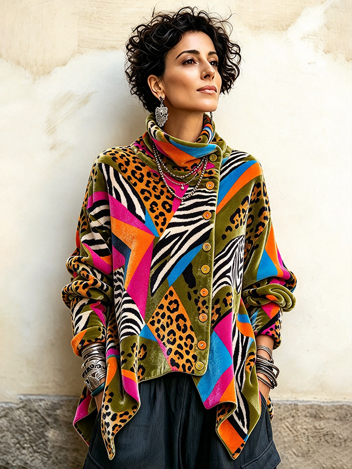 Cozy Bohemian Colorful Animal Print Velvet Top