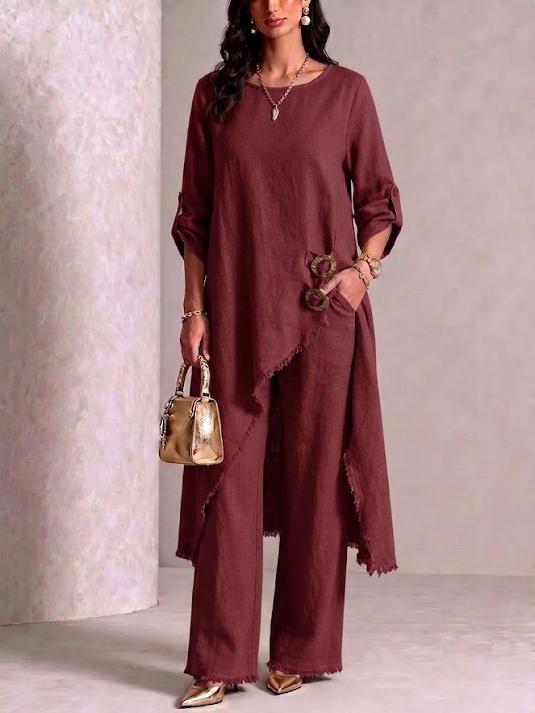 Loose-fit Asymmetric Robe Set With Metal Clasp Detail