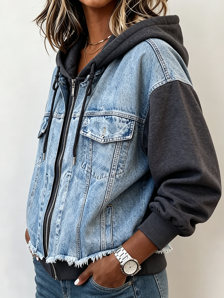 Casual Denim Patchwork Hooded Jacket