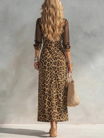 Retro-style Women's Casual Dress Featuring Leopard Print, Mesh Paneling, And A Side Slit