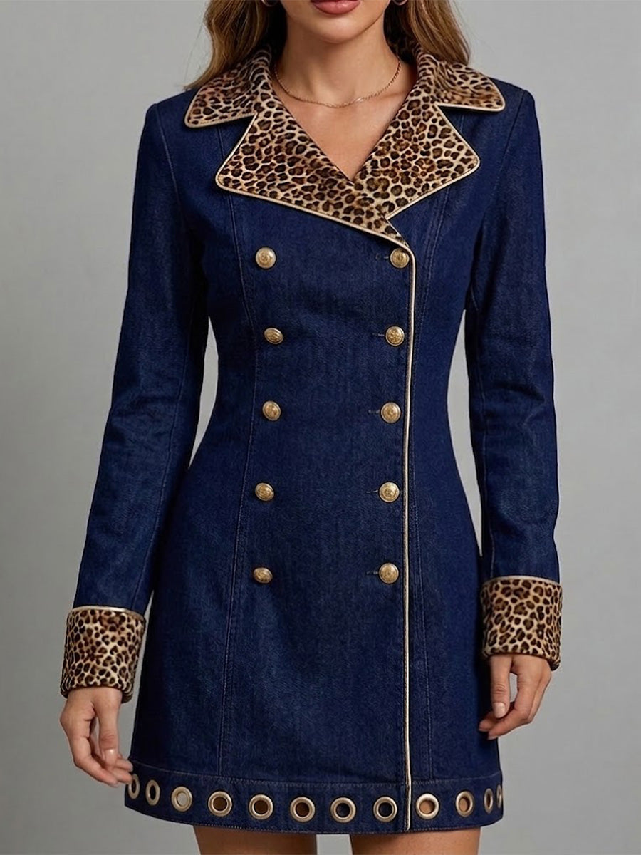 Leopard-print Collared Double-breasted Denim Dress