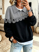Casual Cotton Sweatshirt With Striped Ruffle Panels