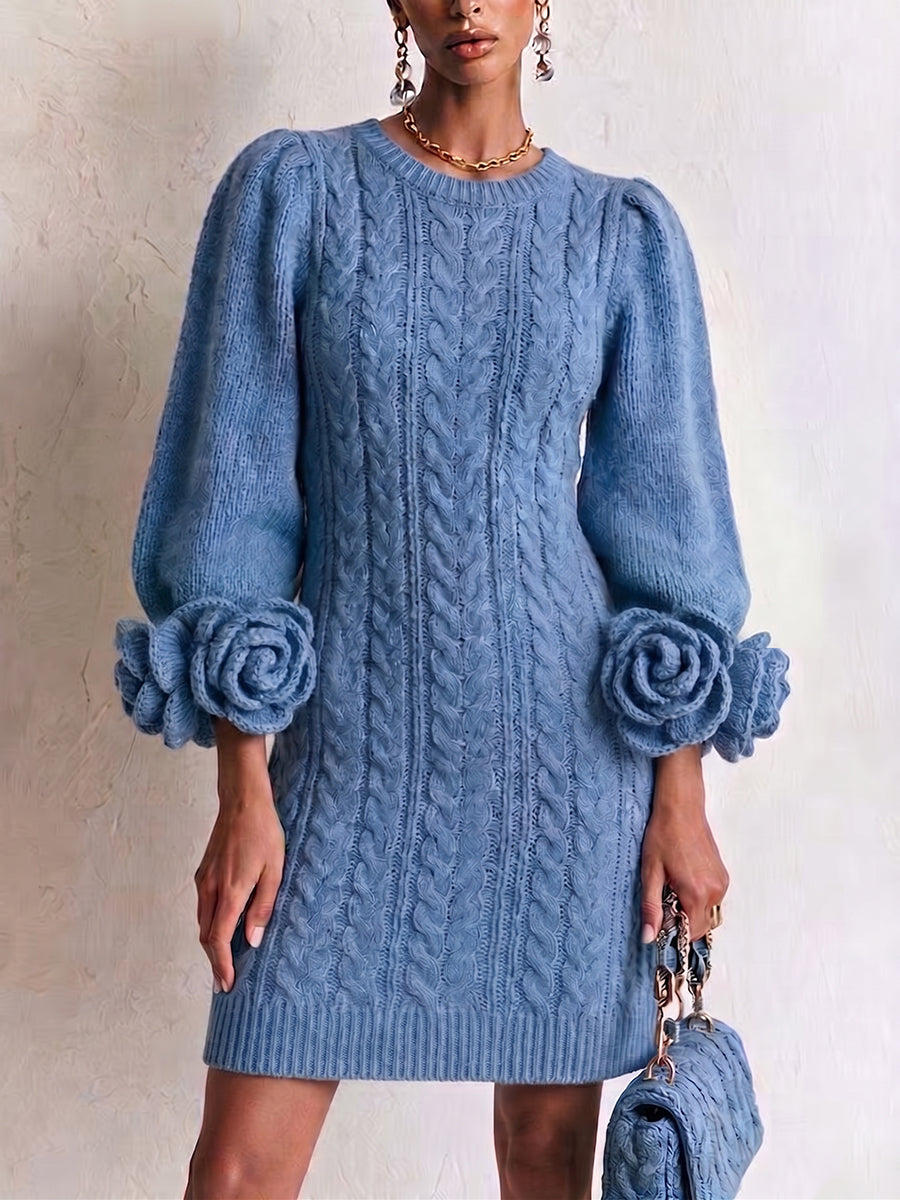 Elegant And Stylish Cable-knit Sweater Dress With 3d Rose Detailing On The Cuffs.