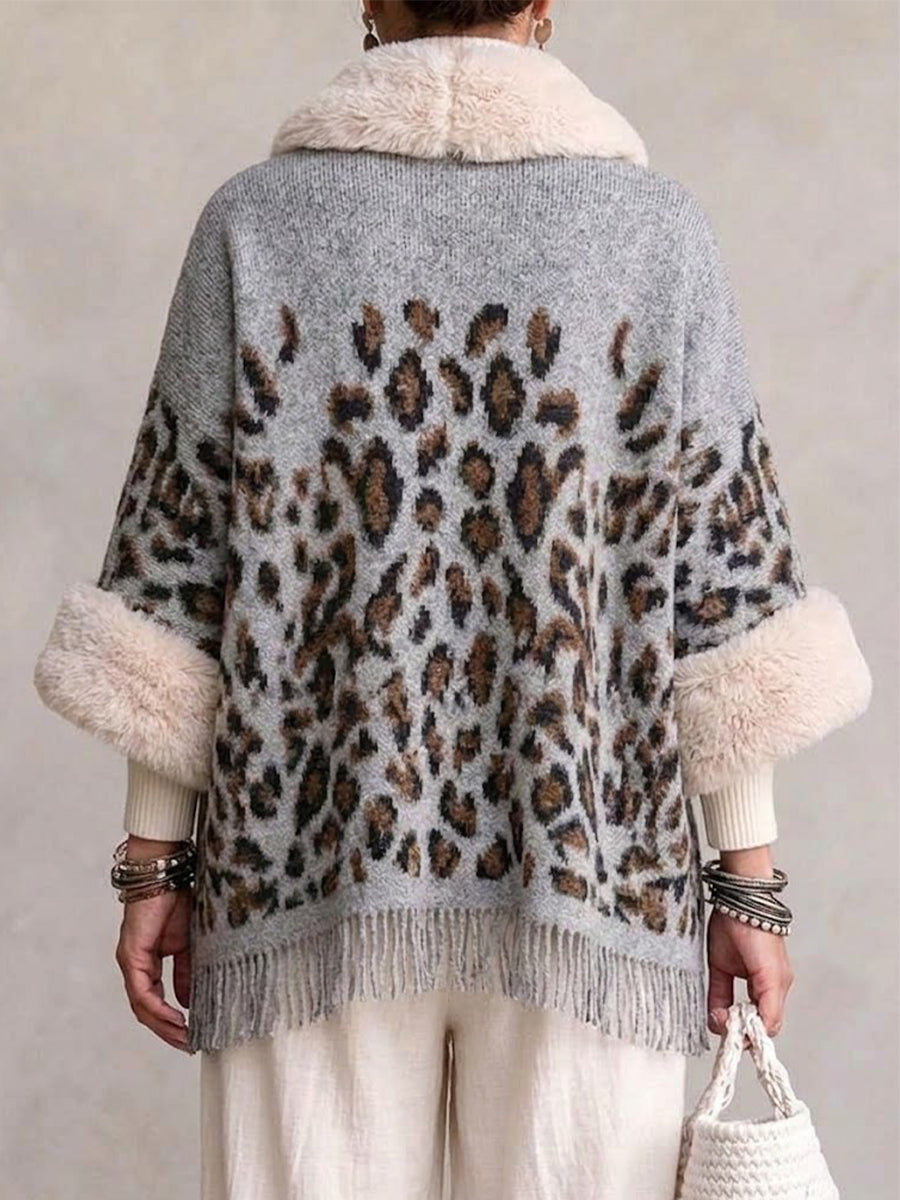Leopard-print Faux-fur Collar Fringed Cardigan-style Wrap