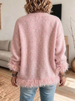 V-neck Loose-fit Knit Cardigan With Fuzzy Fringe Trim