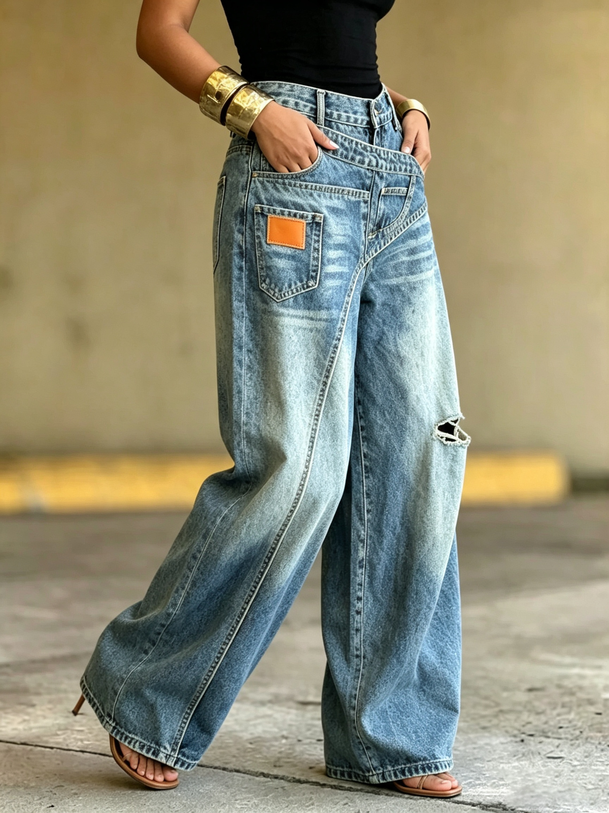Trendy Street Style Wrap-around Wide-leg Jeans