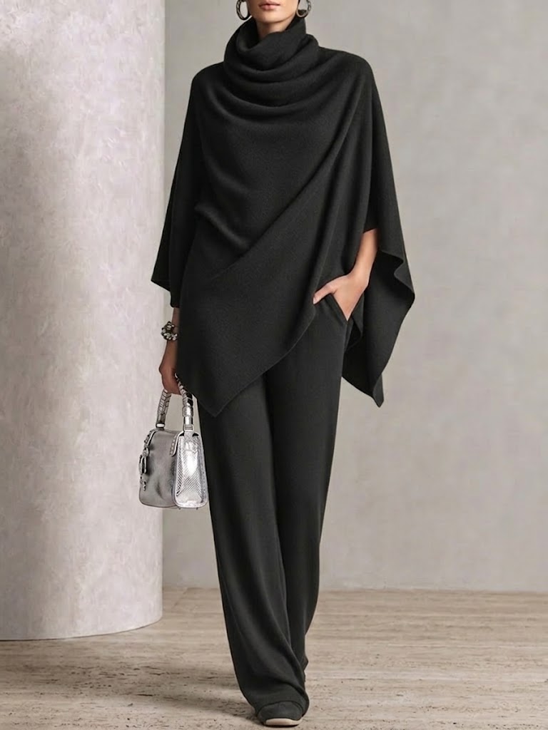Two-piece Set Featuring A High-neck Cape-style Top And Wide-leg Trousers