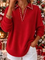 Festive Pearl-Trim V-Neck Knit Sweater