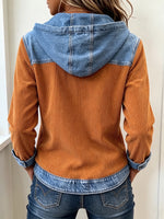 Chic Caramel Corduroy and Denim Patchwork Hooded Top