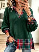 Christmas-themed Casual Plaid-paneled Ribbed Knit Top