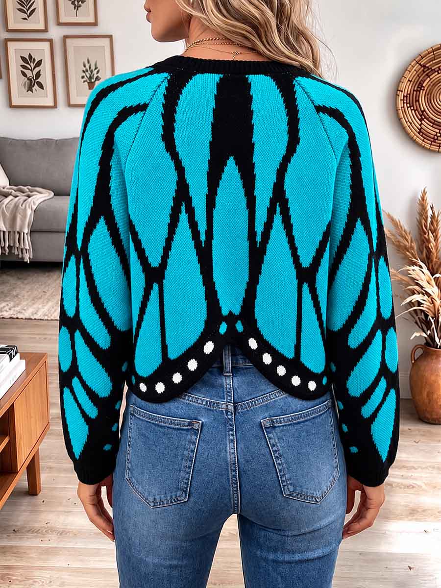 Women's Vibrant Blue Butterfly Wing Pattern Cardigan