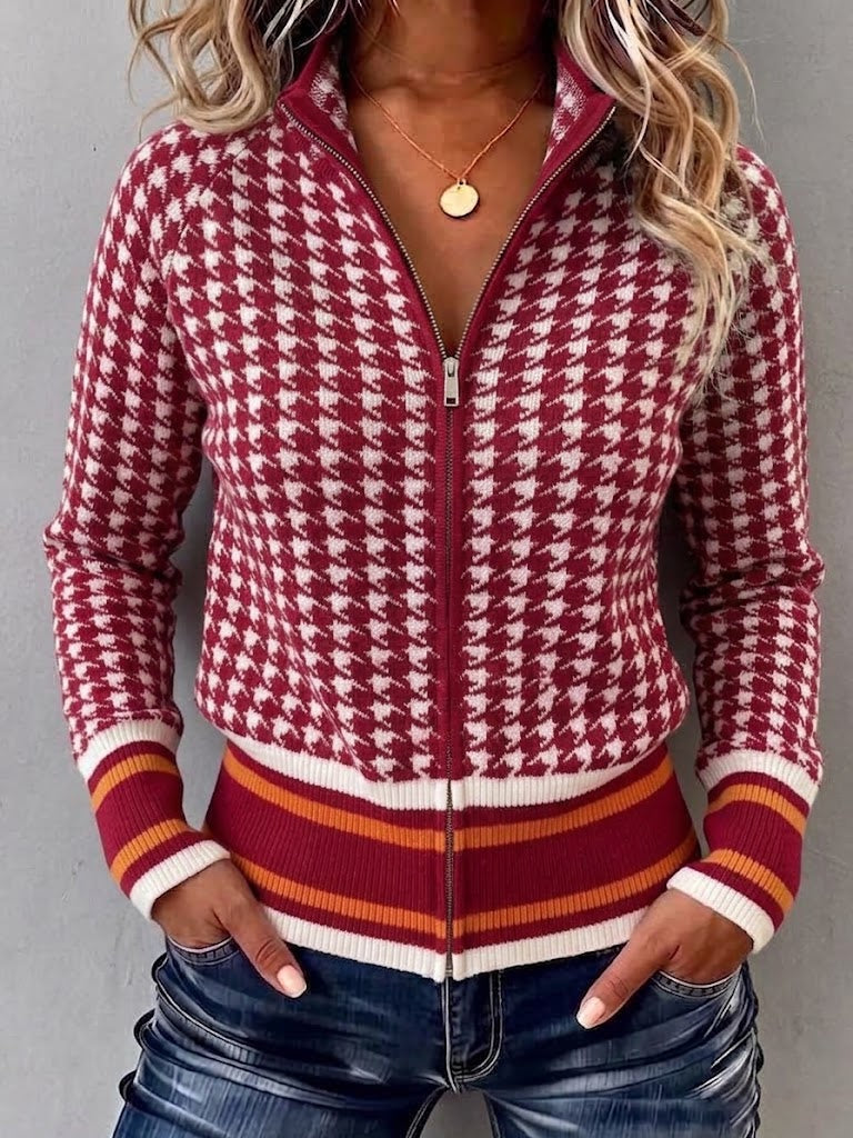 Houndstooth Zip-up Knit Cardigan With Stand Collar