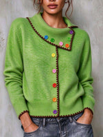 Women's Asymmetric Collar Cardigan with Colorful Buttons