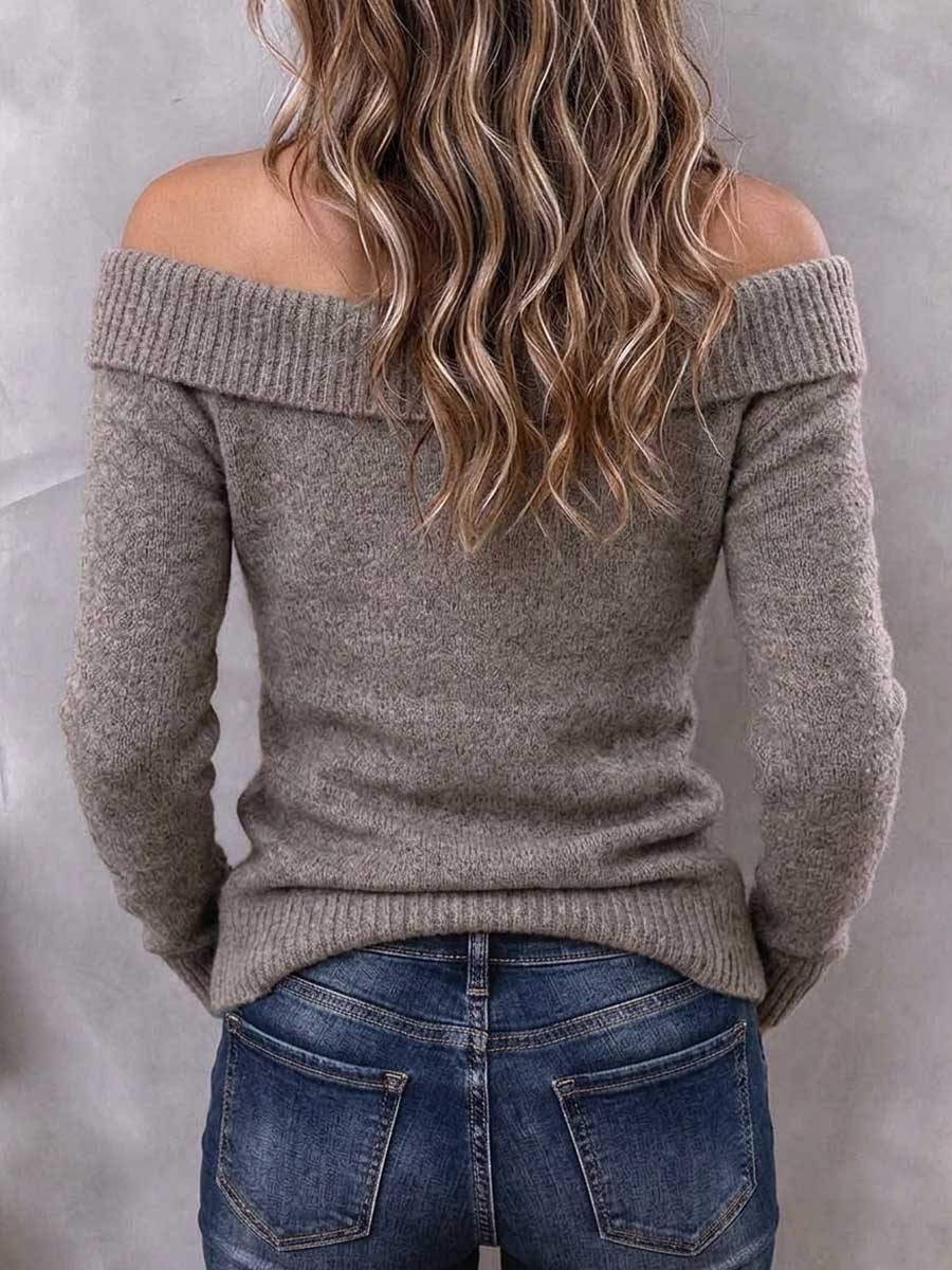Women's Taupe Off-The-Shoulder Button Detail Knit Sweater