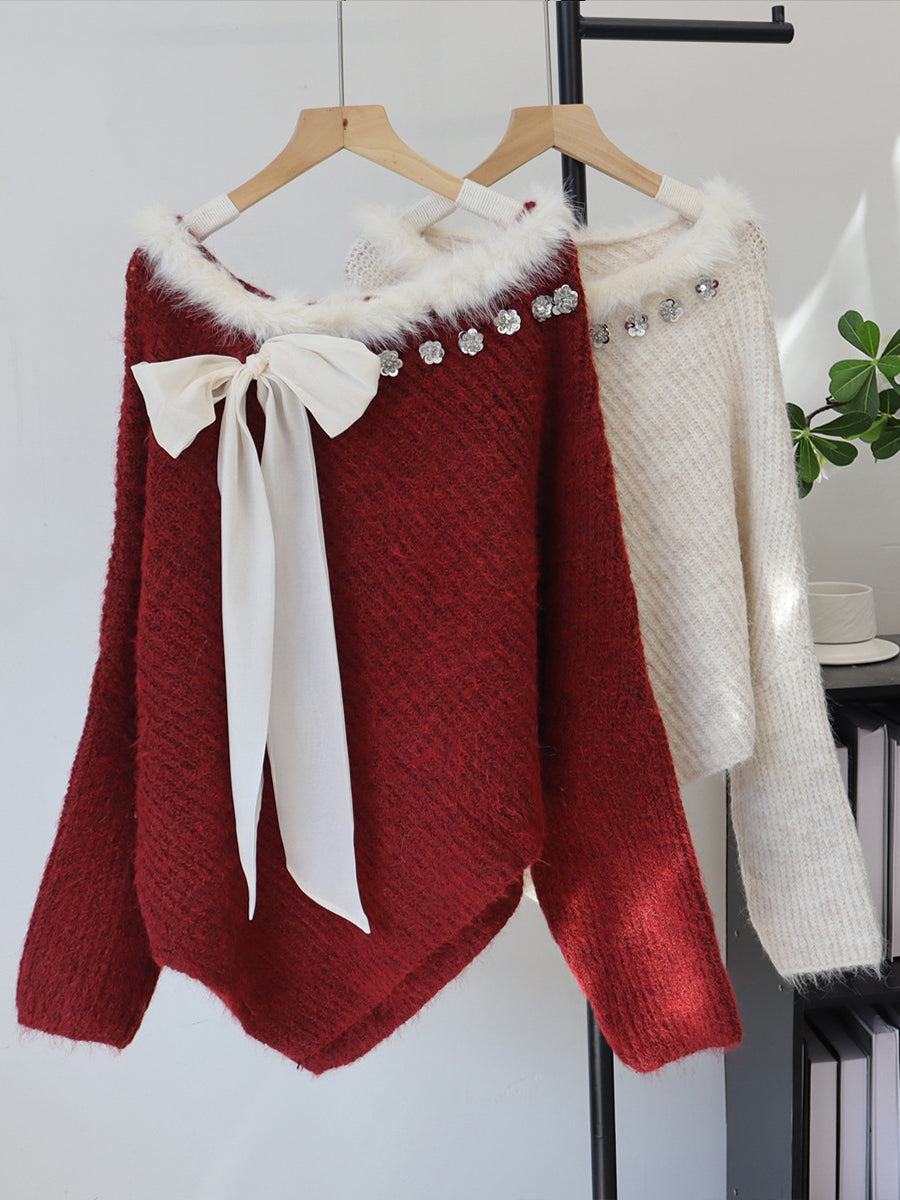 Christmas Knit Sweater With Plush Trim