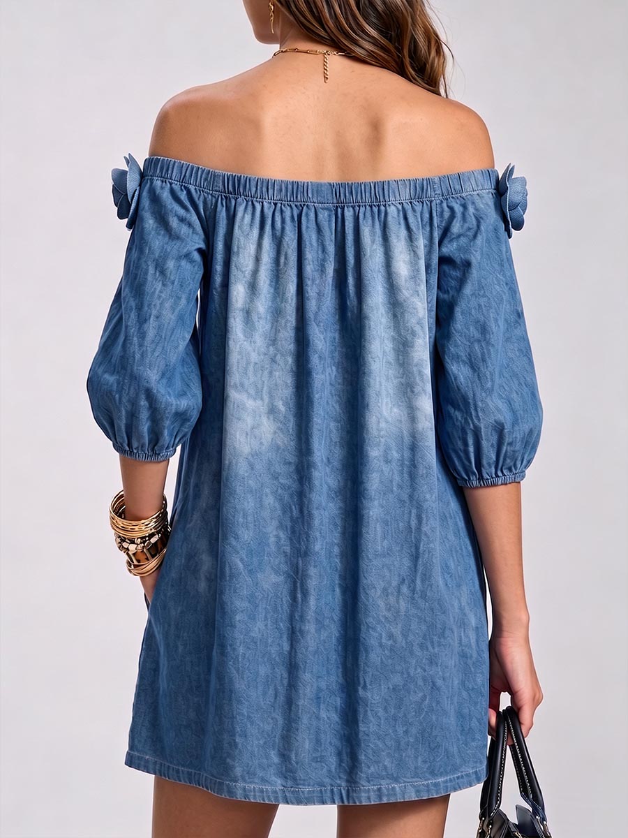 Women's 3d Floral Off-shoulder 3/4 Sleeve Casual Loose A-line Denim Dress