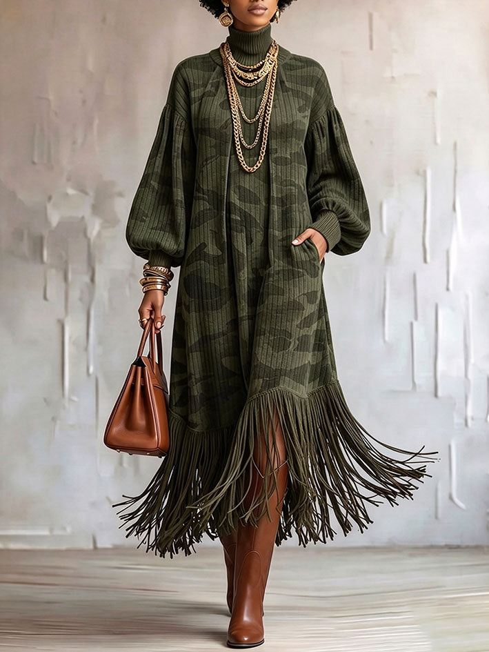 Chic Camouflage Turtleneck Fringed Dress