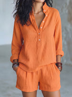 Vibrant Crinkle Cotton Henley Top & Relaxed Shorts Set