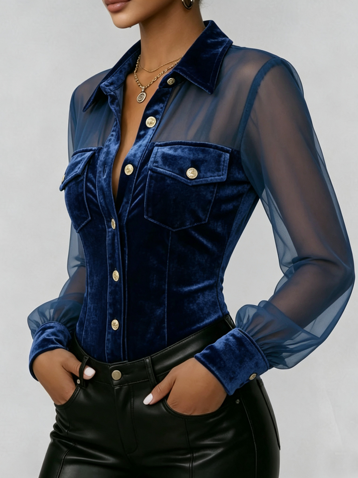 Elegant And Sexy Velvet Shirt With Mesh Sheer Sleeves