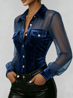 Elegant And Sexy Velvet Shirt With Mesh Sheer Sleeves