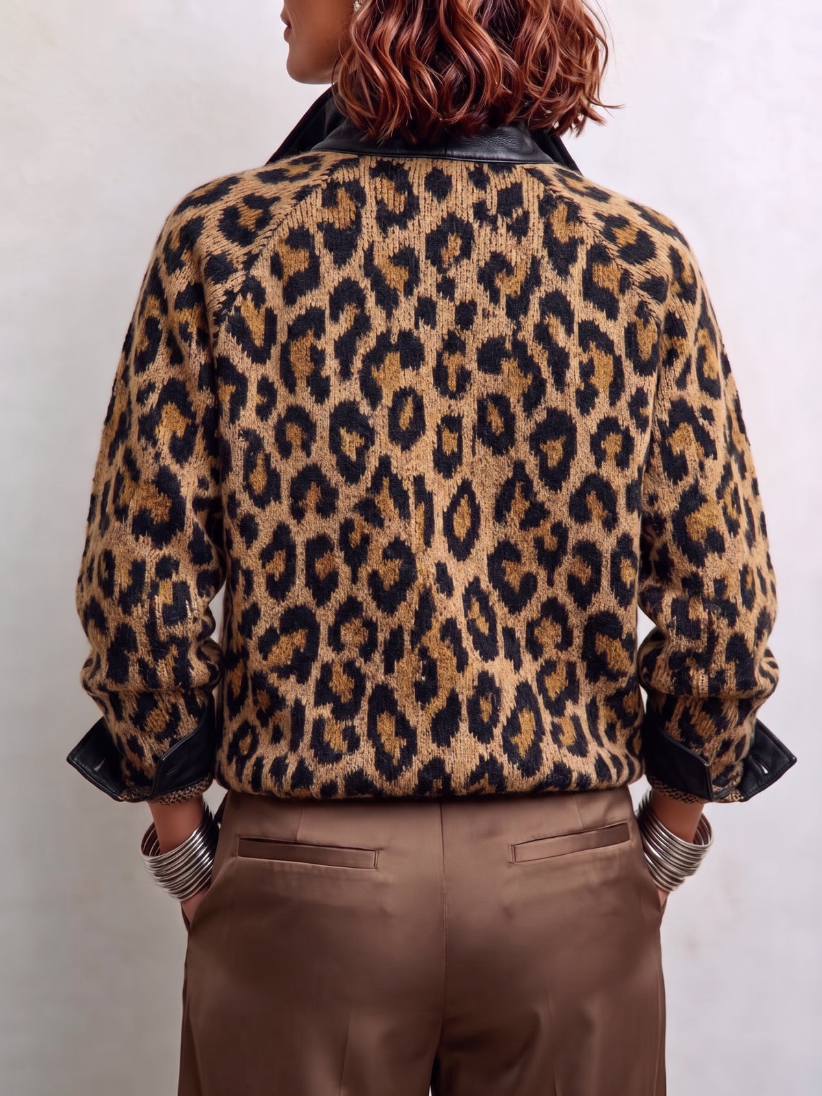 Bold Leopard Knit Leather-Trim Jacket