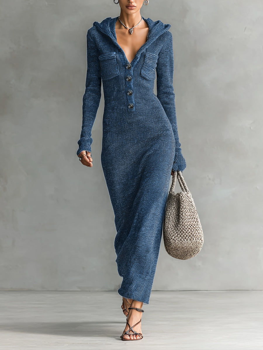 Cozy, Casual Ribbed Cotton-blend Knit Maxi Dress With A Hood And Henley Neckline.