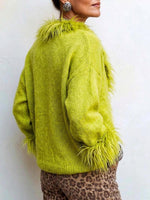 Women's Lime Green Fuzzy Trim V-neck Knit Sweater