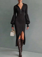 Women's Solid Color Stand Collar Long Sleeve Casual Slim Fit Bodycon Knit Dress