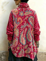 Velvet High-neck Top Featuring A Vintage Paisley Print And An Asymmetrical Button-front Design