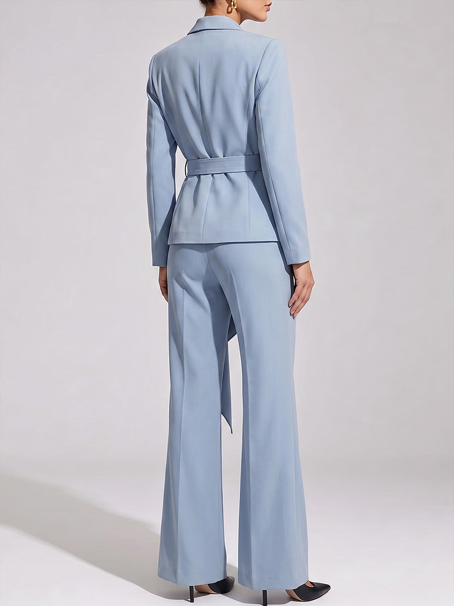 Women's Solid Color Lapel Long Sleeve Casual Loose Fit Suit High Waist Wide Leg Pants Set