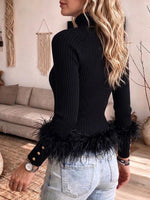Faux Fur Trim Ribbed Knit Button Sweater