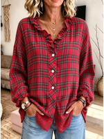 Casual Ruffled V-neckline Plaid Lace-trim Cozy Blouse
