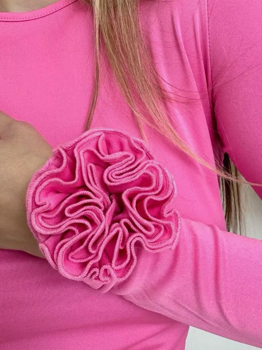Slim-fit Stretch Knit Top Featuring 3d Floral Embellishments On The Cuffs