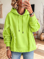 Oversized, Casual, Neon-green Hooded Sweatshirt With Fringe Detailing
