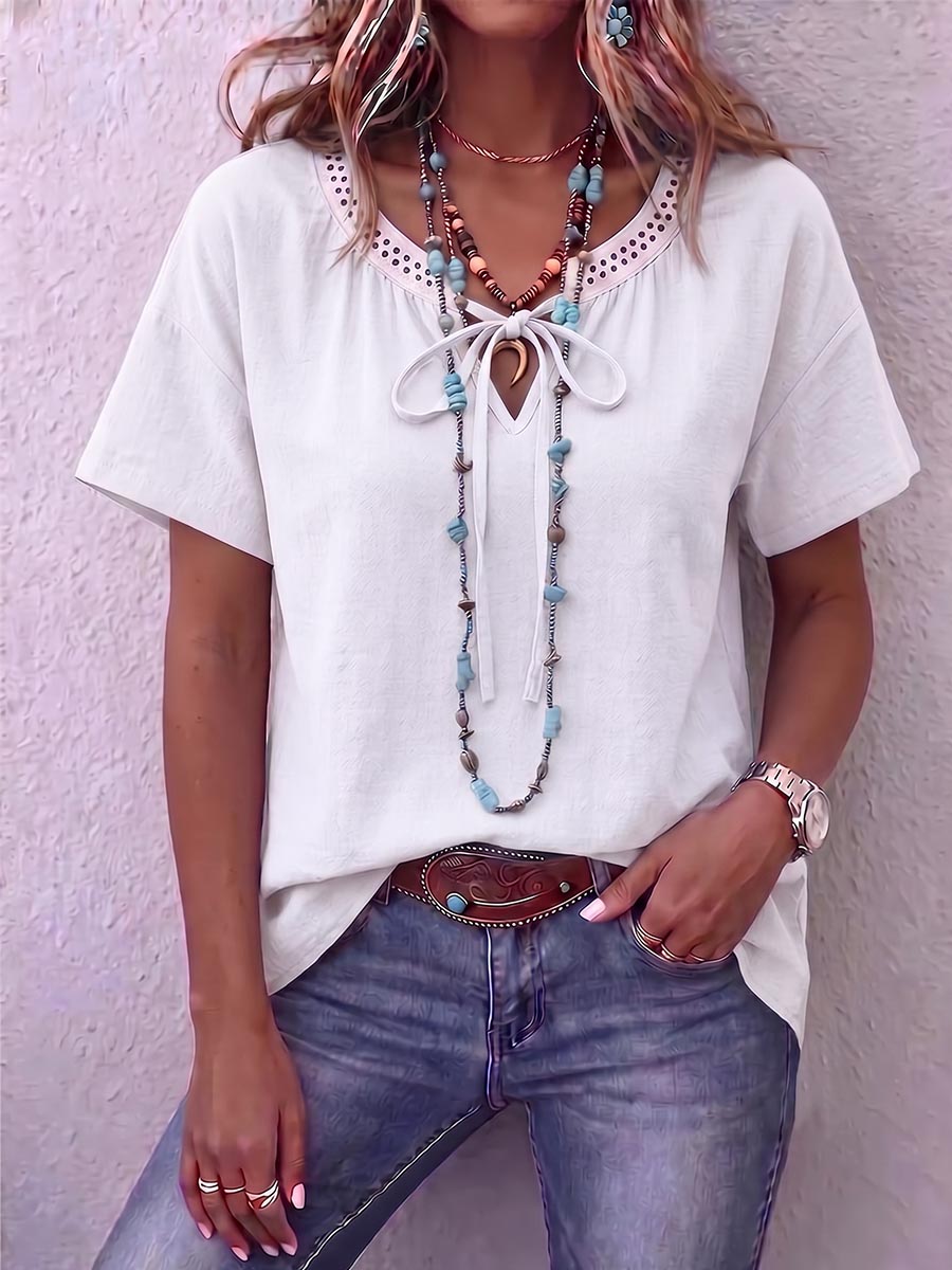 Women's V-neck Tie-waist Short-sleeved Casual Loose Cotton And Linen Top
