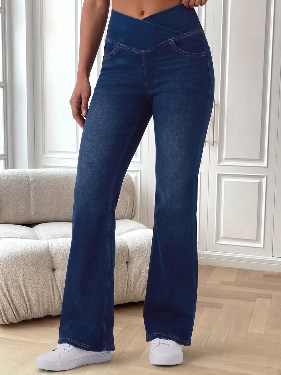 Trendy Crossover Waist High Stretch Flared Jeans