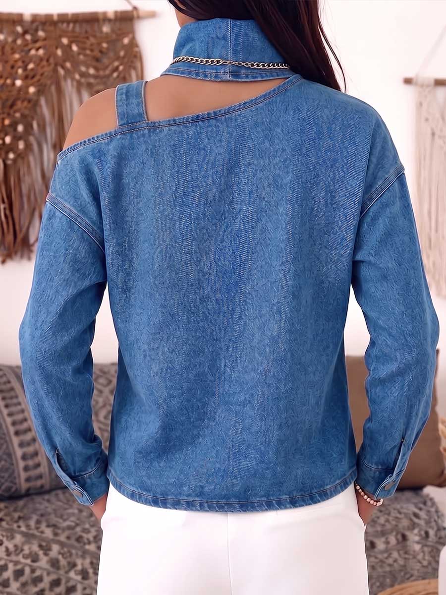 Women's Stand Collar Off-shoulder Long Sleeve Casual Loose Denim Top