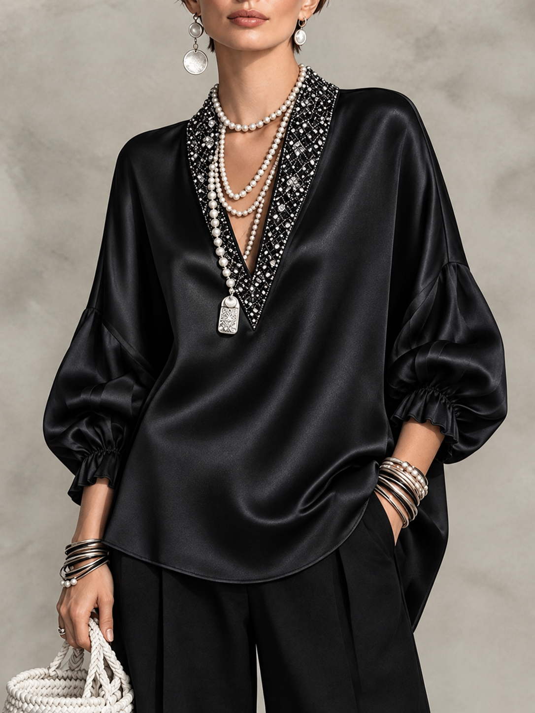 Elegant Formal Sparkling Embellished Satin Blouse