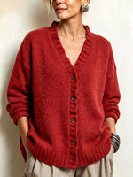Cozy Textured Ruffled Button-Down Knit Cardigan