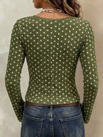 Polka-dot Lace V-neck Long-sleeve Fitted Top With Button-front And Flared Sleeves
