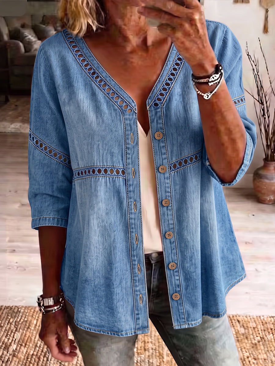 Bohemian Lace Splicing Denim V-neck Tunic Top